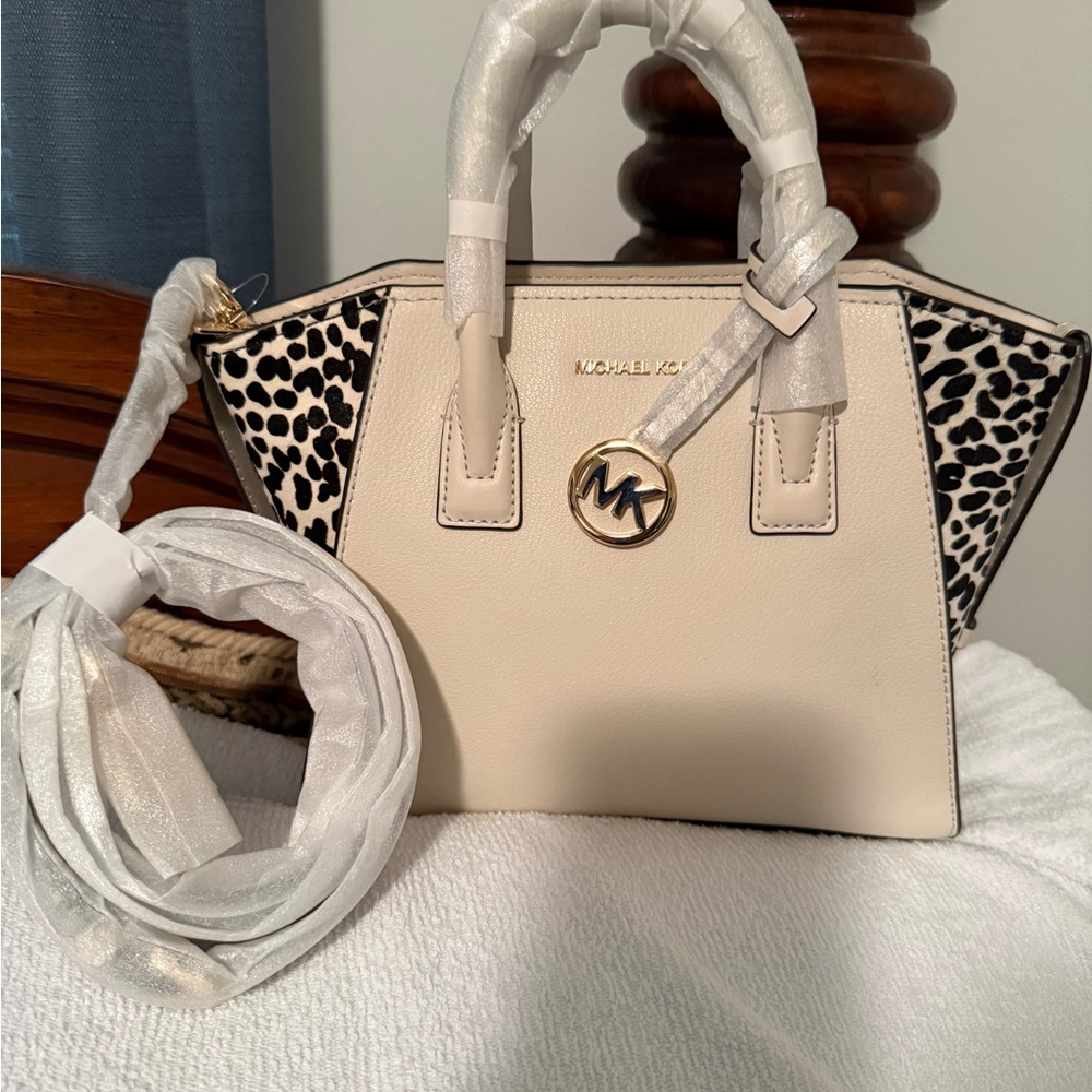 NWT Michael Kors Cream Satchel with Black Leopard-Accent Panels